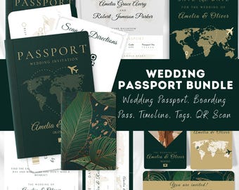 May include: Wedding passport bundle with green and gold accents. Includes a passport invitation, boarding pass, timeline, tags, and QR scan. The text reads "Wedding Passport Bundle" and "Wedding Passport. Boarding Pass. Timeline. Tags. QR Scan".