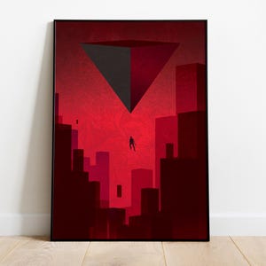 May include: A digital illustration of a red and black geometric shape hovering over a red cityscape. A silhouette of a person is falling from the shape.