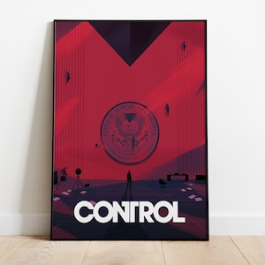 May include: A poster with a red and black colour scheme featuring a stylised image of a building with a large seal that reads "Federal Bureau of Control, United States of America". The poster also features the word "CONTROL" in white letters.