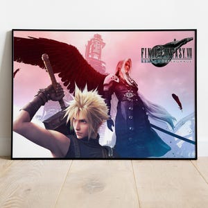 May include: A rectangular wall poster featuring Final Fantasy VII Remake Intergrade artwork. The image displays a blonde character holding a large sword and a long-haired character with a single black wing against a pink and white sky.