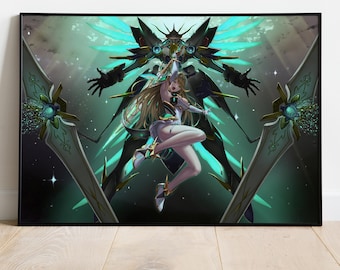May include: A female anime character with long blonde hair and a white outfit stands in front of a large, green, mechanical robot. The robot has wings and is holding two swords. The background is a dark blue with stars.