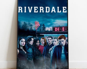 May include: A poster featuring the cast of the TV show Riverdale. The poster is dark blue with the title "Riverdale" in white text. The cast is standing in front of a diner with a neon sign that reads "Diner".