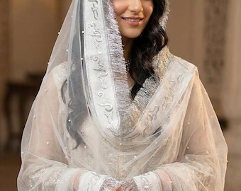 Qubool Hai Nikkah Dupatta: White Shafoon Wedding Veil with Silver Pearls
