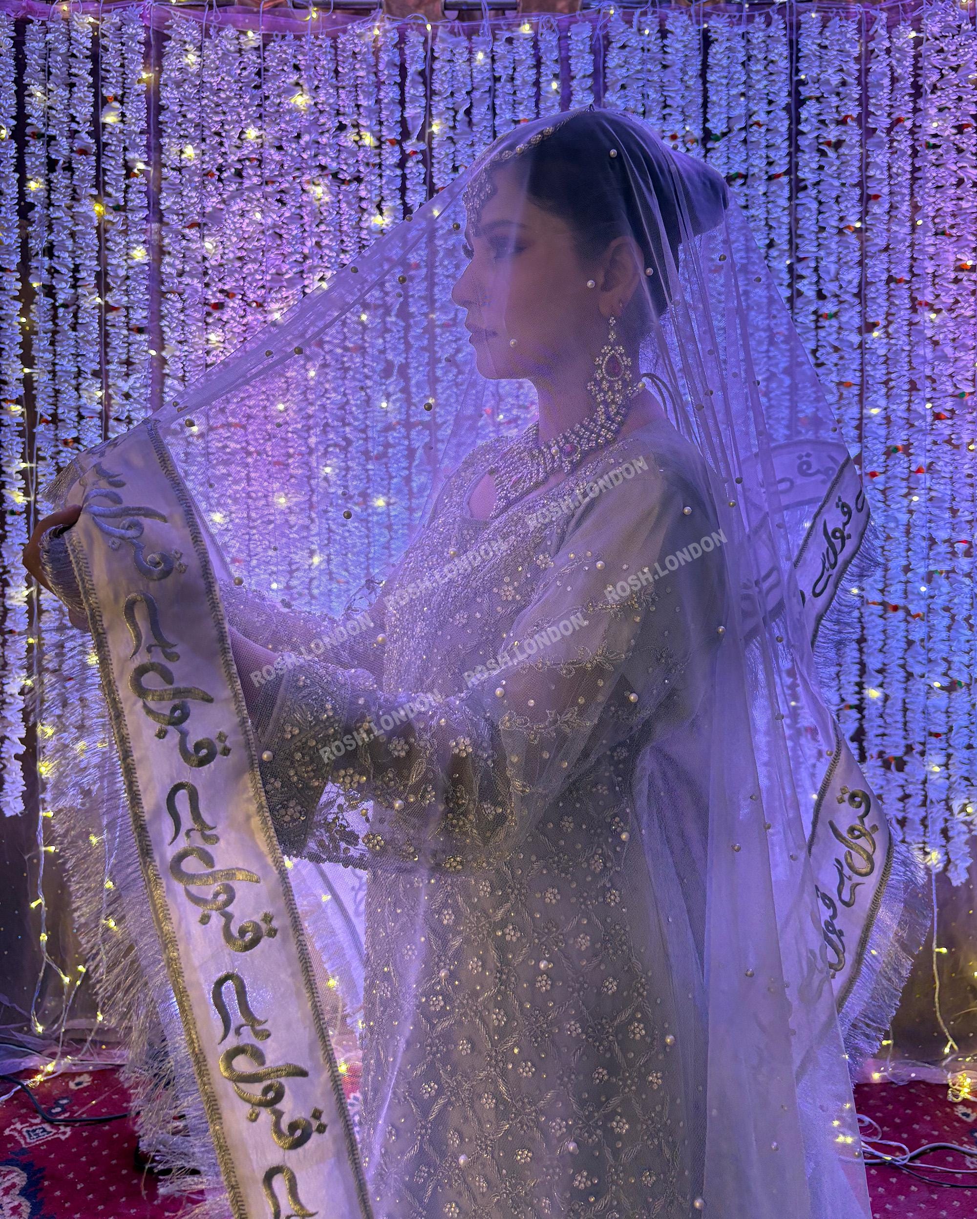 Nikkah Qabool Hai Dupatta: Maroon, Gold , Red and White Embroidered Wedding Veil