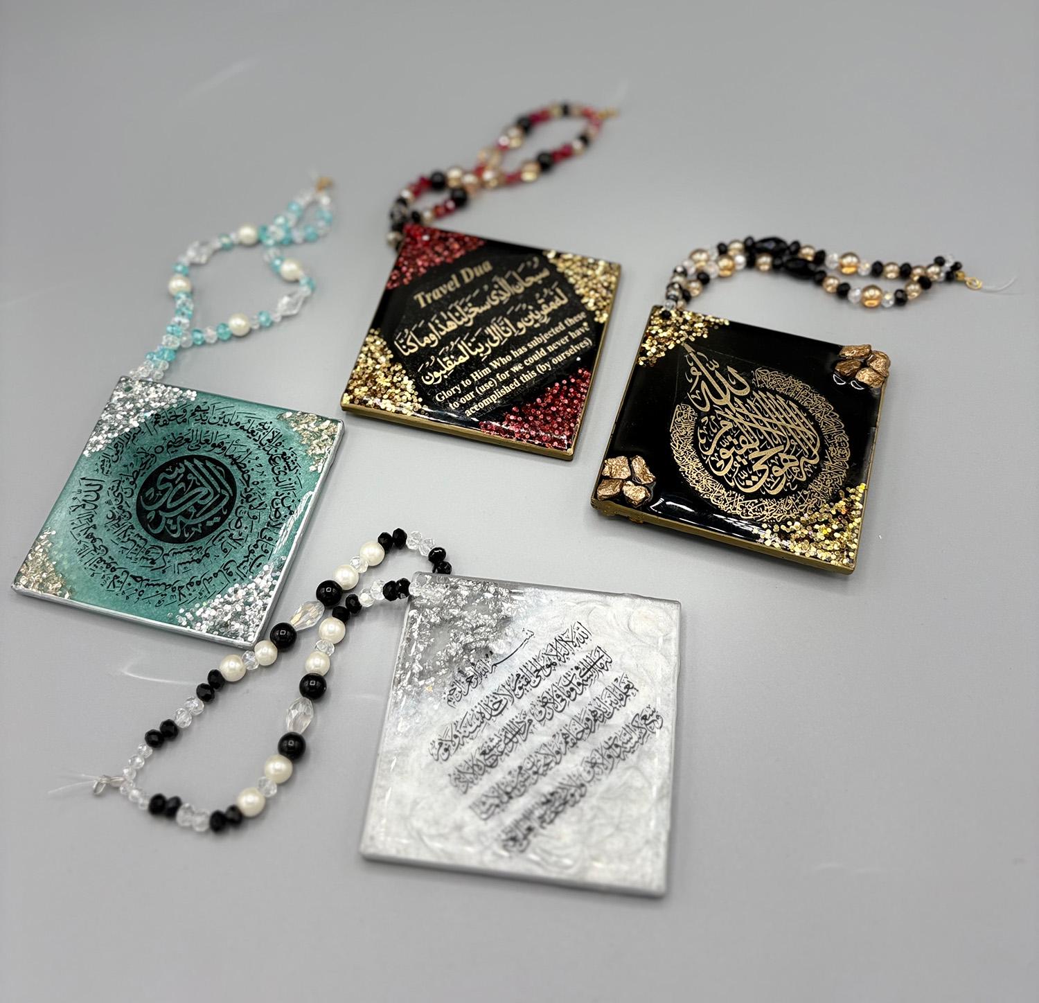 Aytul Kursi and Safar Duaa HandMade Silver Resin Car Rear Mirror Pendant Hanging Accessories Islam Muslim Resin Art