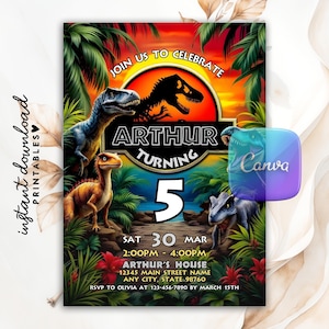 Editable Dinosaur Park Birthday Invitation Template, Dinosaur World Themed Party Invite, Dino T-Rex Invite Printable Canva Instant Download