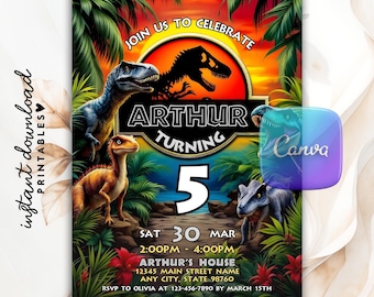 Editable Dinosaur Park Birthday Invitation Template, Dinosaur World Themed Party Invite, Dino T-Rex Invite Printable Canva Instant Download