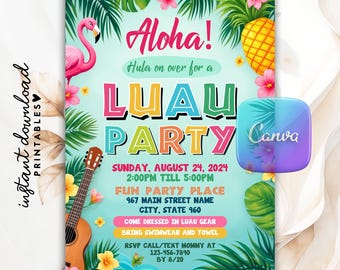 Editable Luau Birthday Party Invitation, Hawaiian Tiki Birthday Invitation, Tropical Hawaii Party Printable Invitation Canva Template