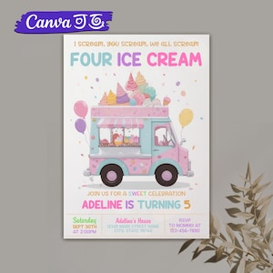 Invito di compleanno modificabile per camioncino dei gelati, io urlo, tu urli, noi tutti urliamo, quattro gelati, invito per festa del 4° compleanno, download immediato