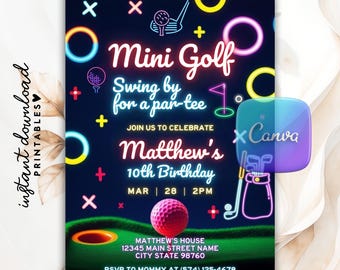 Invito di compleanno per minigolf luminoso, festa sportiva (modello fai da te Canva)