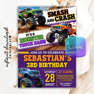 Smash Crash Monster Truck Birthday Invitation, Monster Truck Invitation, Birthday Jam Invitation, Monster Truck Party Invite, Canva Template