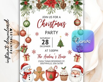 Rustic Christmas Party Invitation, Santa, Canva Template (Digital Download)