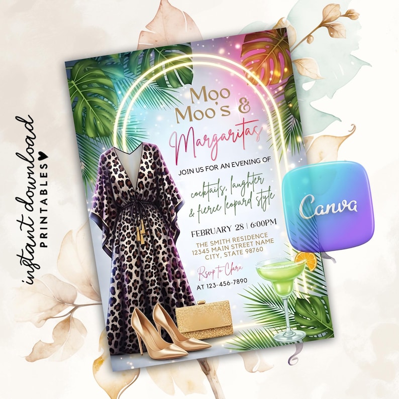 Moo Moos and Margaritas Invitation, Mumu & Margaritas Party Invitation, Leopard Pajama Girls Night Party Invite, Ladies Brunch Party, Canva invitation, leopard print, bachelorette party, bachelorette invite,
ladies night invite,
brunch invitation,
girls night party,
girls day fun,
girls night ideas,
cheetah print,
margarita party,
glam party invite,
moo moos,
30th birthday invite,
pajama party invite,
margarita invite,
girls night decor,
tropical invite,
40th birthday,
50th birthday, evite, DIY