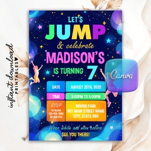 Editable Jump Glow Galaxy Birthday Invitation, Bounce House, Trampoline Park Party Invite, Printable Let&#39;s Jump Invitation Canva Template