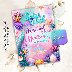Invito di compleanno modificabile a forma di coda di sirena per ragazza, invito di compleanno a forma di festa sottomarina con sirena, invito per festa a forma di sirena, invito a forma di sirena, Canva immagine 2