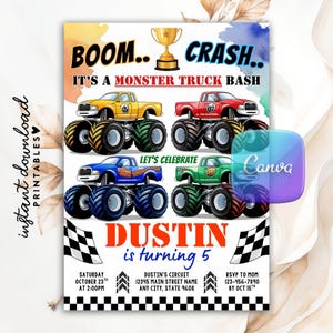 Boom Crash It&#39;s A Monster Truck Bash Birthday Invitation, Monster Truck Invitation, Monster Truck Theme Birthday, Monster Truck Party Invite