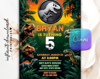 Editable Dinosaur Park Birthday Invitation, Dino T-Rex Theme Party Invite For Boys Girls, Printable Kids Birthday Canva Template Download