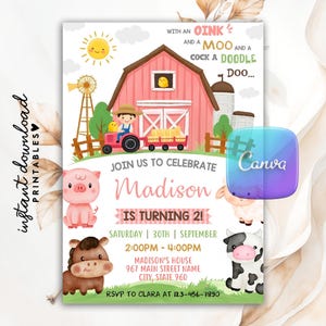 Editable Farm Birthday Invitation, Farm Animals Birthday Invite, Pink Girl Barnyard Birthday, Ranch Kids Birthday Invitation, Canva Template