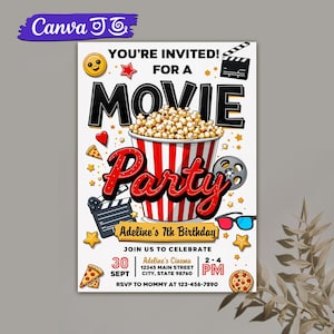 Film Geburtstagseinladung Vorlage, Junge oder Mädchen Kino Geburtstagsparty, Film ansehen Party, Kino Geburtstag einladen, Digitale Evite Canva