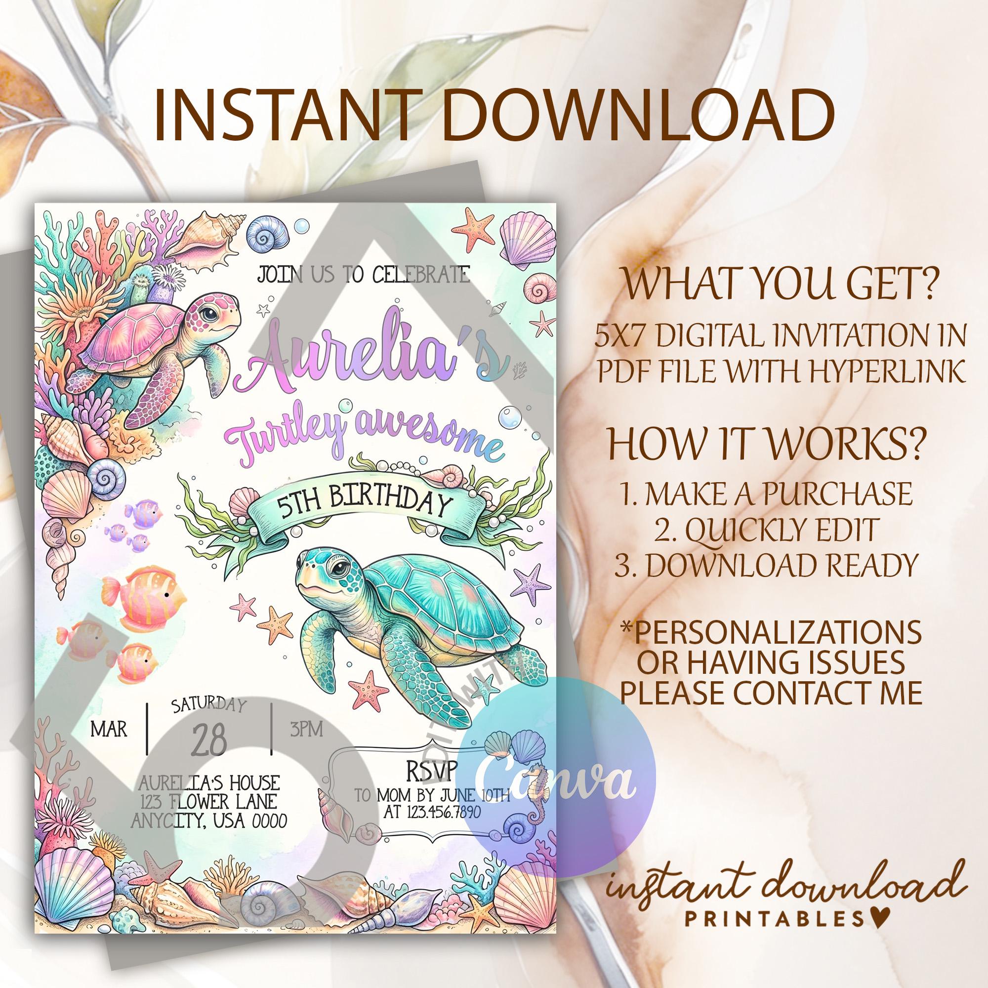 Editable Sea Turtle Birthday Invitation, Turtley Awesome Under the Sea ...