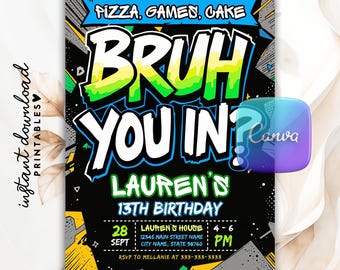 Editable Bruh Birthday Invitation, Neon Graffiti Theme Any Age Digital Template, Printable Gamer Boy Bday Party Evite, Editable with Canva