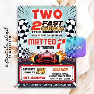Editable Two Fast 2 Curious Race Car Birthday Invitation, Two Fast 2nd Birthday Invitation, Racing Car Party Invite Printable Canva Template