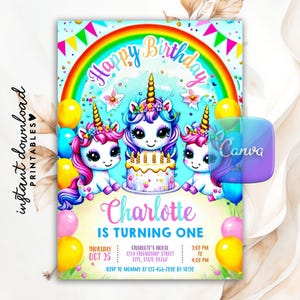 Invito di compleanno modificabile a tema unicorno, invito per festa a tema arcobaleno pastello, biglietto di compleanno per bambina con unicorno arcobaleno, modello digitale stampabile Canva, Evite