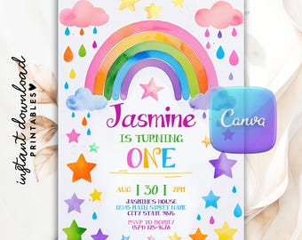 Può includere: Un invito di compleanno colorato con un arcobaleno, stelle e gocce di pioggia. Il testo recita "Jasmine is turning ONE" con i dettagli dell'evento. Il design include un logo Canva e il testo "instant download PRINTABLES".