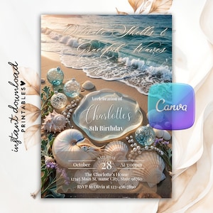 May include: A digital invitation card featuring a beach scene with ocean waves, seashells, and glass ornaments. Text reads: Delicate Shells & Graceful Waves, A celebration of Charlotte's 8th Birthday, Saturday October 28 at 3:00pm, The Charlotte's House.