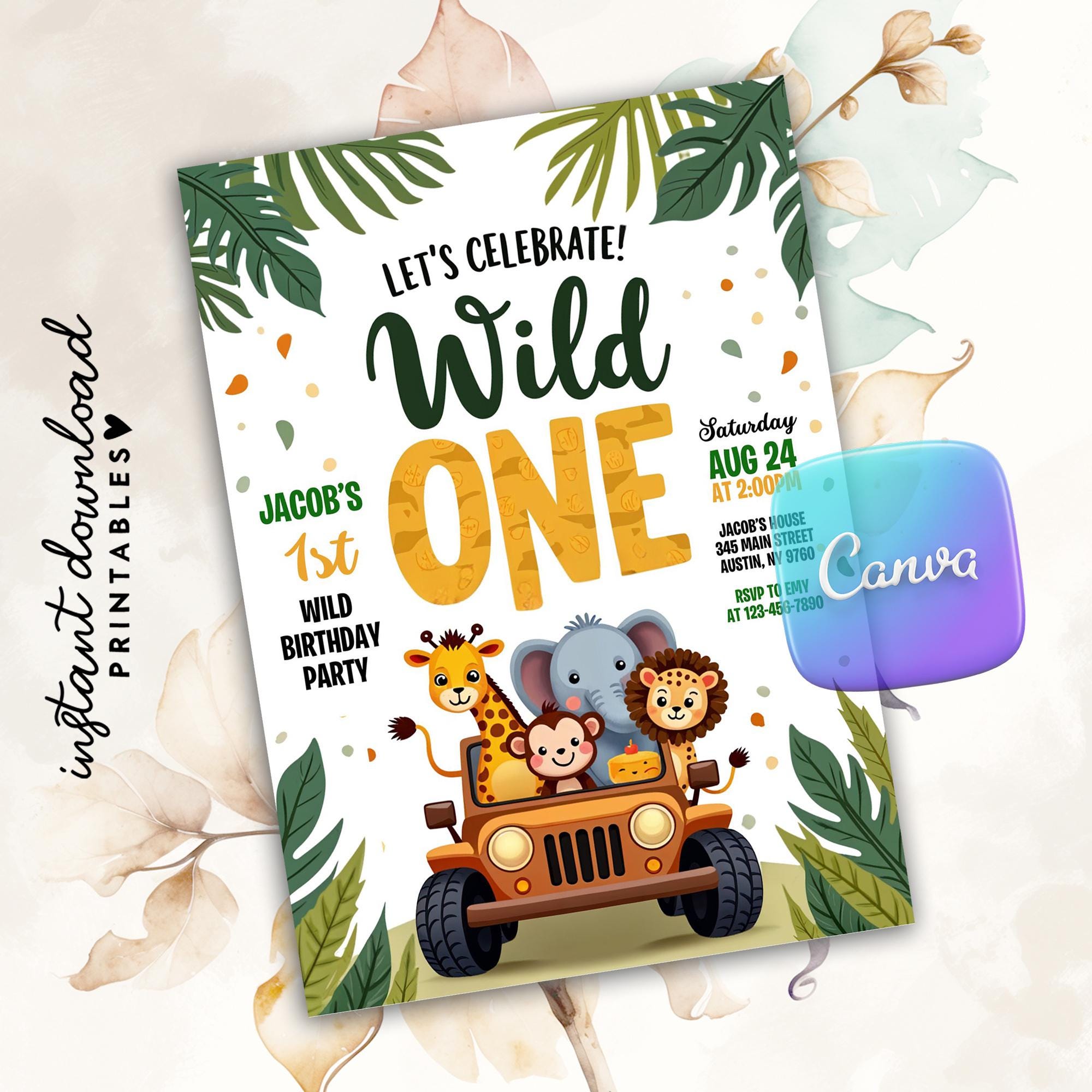 Safari Birthday Invitation, Wild One 1st Birthday Invite, Jungle