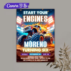 Bearbeitbare Monster Truck Geburtstagseinladung, Junge Trucks Geburtstag einladen, Monster Truck Party einladen, druckbare digitale Canva Vorlage, Evite