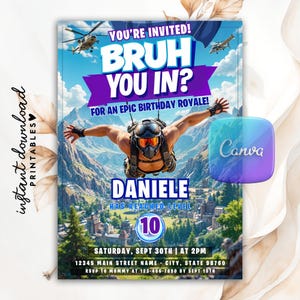 Bewerkbare Bruh videogame verjaardagsuitnodiging, afdrukbare gamer verjaardagsfeestje uitnodigen, Fort Gaming verjaardag Evite, bewerkbare Canva-sjabloon