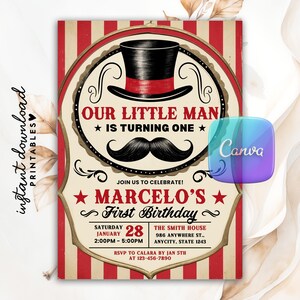 Editable Vintage Mustache Bash Birthday Invitation, Little Man Party Invite, Mustache Birthday Invitation, Digital Invitation Canva Template