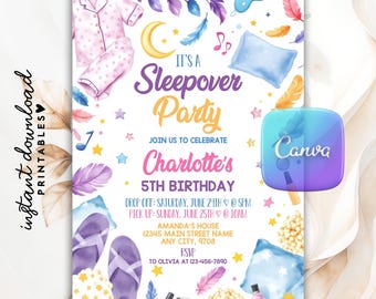 Invitación editable para fiesta de pijamas, fiesta de pijamas de spa rosa para chica, plantilla imprimible de Canva para fiesta de pijamas.