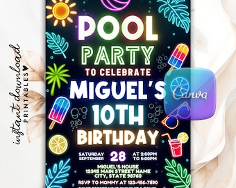 Neon Glow Pool Party Invitation, Summer Theme (Canva Template)
