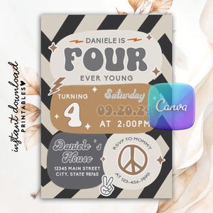Editable Four Ever Young Birthday Invitation, Boy Fourth Birthday Invite, Retro Groovy Birthday Digital Template, Groovy 4th Birthday Party