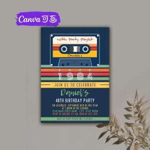 Bewerkbare retro cassettebandje uitnodigen, sjabloon verjaardag 80s verjaardagsuitnodiging, 80s feestuitnodiging, cassettebandje stijl verjaardagsuitnodiging sjabloon