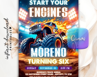 Invitación de cumpleaños editable de Monster Truck, invitación de cumpleaños de Boy Trucks, invitación a fiesta de Monster Truck, plantilla digital imprimible de Canva, Evite