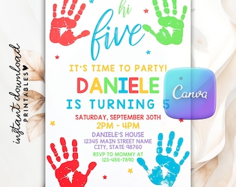 Hi-Five Birthday Invitation, Editable High Five Birthday Party Invitation Template, 5th Birthday, Printable Hi Five 5th Birthday Party Canva