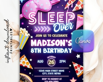 Neon Sleepover Birthday Invitation, Girls Slumber Party Invite (Canva Template)
