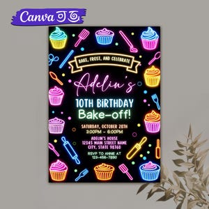Editable Baking Birthday Invitation, Cooking Class Invite, Cooking Birthday, Cupcake Baking Party, Kids Baking, Chef Theme, Neon Glow Invite
