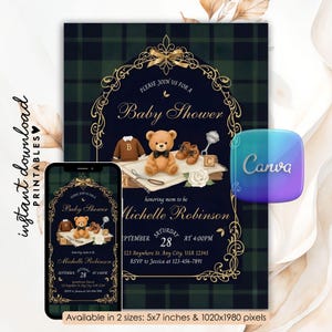 May include: Baby shower invitation with a navy blue and green plaid background. The invitation features a teddy bear, baby shoes, and blocks. Text includes "Baby Shower" and details for Michelle Robinson's shower. Available in 5x7 inches and 1020x1980 pixels.
