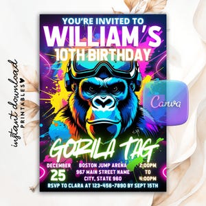 May include: A vibrant birthday invitation featuring a colorful gorilla wearing goggles. The text reads "You're Invited to William's 10th Birthday" and includes event details like date, time, and location. The words "Gorilla Tag" are also displayed.