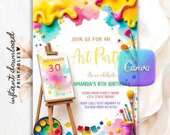 Invitación de cumpleaños editable para fiesta de arte, plantilla de invitación de cumpleaños para fiesta de pintura, manualidad imprimible para fiesta de arcoíris con temática de pintura de arte.