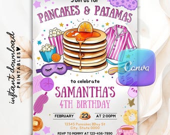 Pancakes and Pajamas Birthday Invitation, Girl Sleepover (Canva Template)