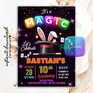 May include: A digital invitation with a magic theme. The design features a magician's hat with rabbit ears, playing cards, and the word "MAGIC" in colorful blocks. The invitation is for Bastian's 10th birthday.