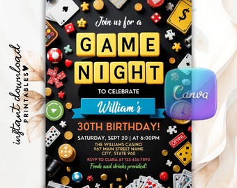 Invitación editable para noche de juegos, invitación para fiesta en casa, invitación para juegos de mesa, plantilla imprimible para invitación de cumpleaños para noche de juegos en familia, Canva