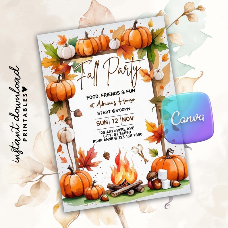 Fall R Invitations Bonfire Fall Bonfire Party Invitation, Autumn Harvest, Canva Template (digital ...