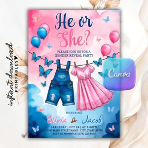 Pink or Blue Clothesline Gender Reveal Invitation, Baby Clothes Invitation, He or She Clothesline Invite, Surprise Gender Reveal Party Evite