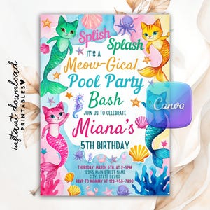 Invitación editable de Purrmaid, gatito sirena, invitación de Mercat, invitación a fiesta en la piscina con sirena y gato, bajo el mar, cumpleaños de gato, Canva